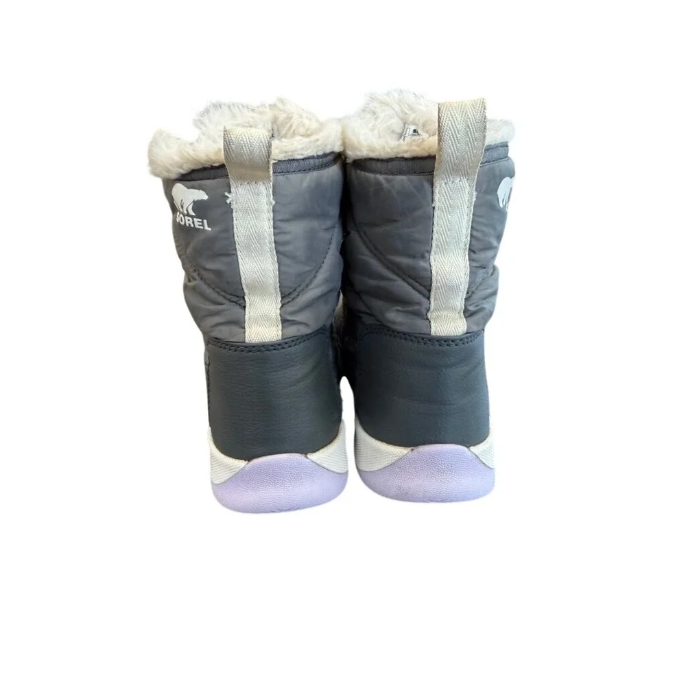 Sorel Whitney II Waterproof Snow Boots Kids Gray Lavender Faux Fur Final Sale